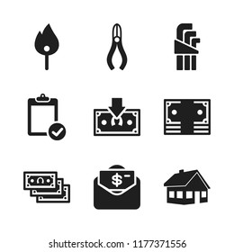 real icon. 9 real vector icons set. match, construction and money icons for web and design about real theme