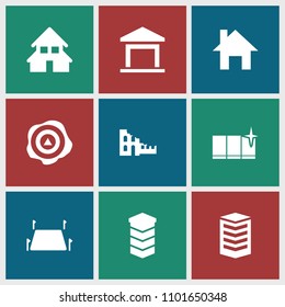 Real icon. collection of 9 real filled icons such as clean window, house building, land territory, broken house, building, arrow up. editable real icons for web and mobile.
