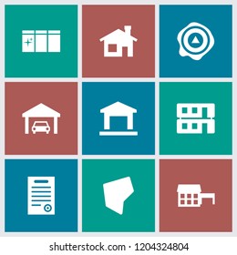 Real icon. collection of 9 real filled icons such as house building, house, arrow up, land territory, garage, bill of house, building. editable real icons for web and mobile.