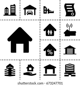 Real icon. set of 13 filled realicons such as house building, home care, business center, family home, building, garage, mortgage, bill of house sell, home signal