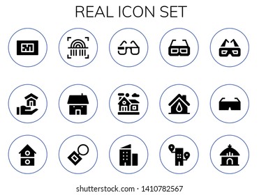 real icon set. 15 filled real icons.  Simple modern icons about  - Blueprint, House, Fingerprint, 3d glasses, Home, Key chain, Building, Hut