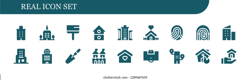  real icon set. 18 filled real icons. Simple modern icons about  - Building, Skyscrapper, Scraper, House, Home, Fingerprint, Skyscraper, Fortress, Area
