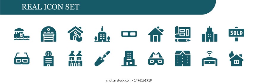 real icon set. 18 filled real icons.  Simple modern icons about  - Bungalow, Garage, House, Skyscrapper, 3d glasses, Blueprint, Building, Sold, Fortress, Scraper, Skyscraper, Apartments