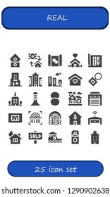  real icon set. 25 filled real icons. Simple modern icons about  - House, Mortgage, Blueprint, Home, Architecture, Skyscraper, Building, Key chain, Skyscrapper, Foundation, Garage