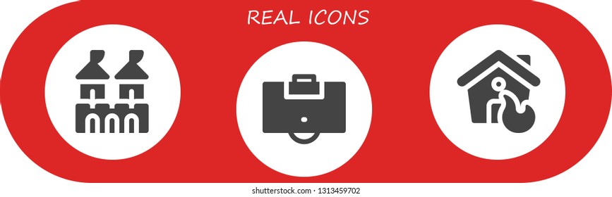 real icon set. 3 filled real icons.  Collection Of - Fortress, Area, House