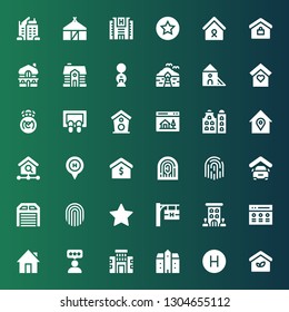 real icon set. Collection of 36 filled real icons included Eco house, Hotel, Mansion, Building, Rate, Home, Hotel signal, Fingerprint, Garage, Real estate, Homepage, House, Doormat