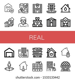 real icon set. Collection of Clean house, Home, Real estate, Security agent, Hotel, Fortress, Town hall, House, Hospice, Garage, Position, Building, Wooden house, Modern architecture icons