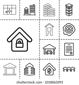 Real icons. set of 13 editable outline real icons such as arrow up, building, lock home, buying a house, garage, bill of house, clean window
