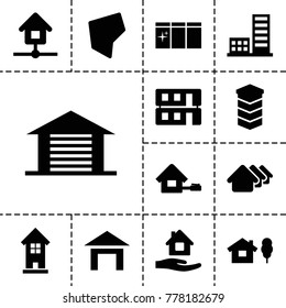 Real icons. set of 13 editable filled real icons such as house, building, home care, house and tree, house building, land territory, garage, home