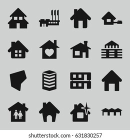 Real icons set. set of 16 real filled icons such as house building, clean house, home with heart, home, land territory, building, garage