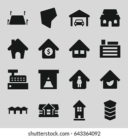Real icons set. set of 16 real filled icons such as house, building, man in home, home, house building, land territory, garage