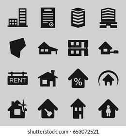 Real icons set. set of 16 real filled icons such as house building, house, business center, man in home, home, home key, rent tag, land territory, mortgage