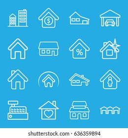 Real icons set. set of 16 real outline icons such as house building, house, man in home, home with heart, home, garage, building