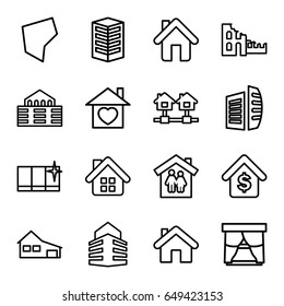 Real icons set. set of 16 real outline icons such as house, clean window, business center, home with heart, home, buying a house, land territory, building