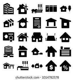 Real icons. set of 25 editable filled real icons such as clean house, business center, house and tree, home with heart, building, home, land territory, mortgage