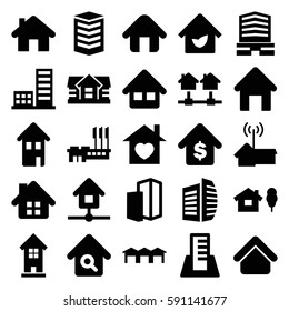 real icons set. Set of 25 real filled icons such as house building, house, building, business center, home with heart, home