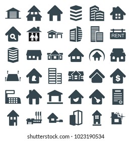 Real icons. set of 36 editable filled real icons such as house building, house, building, business center, home, home search, rent tag, land territory