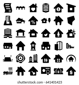 Real icons set. set of 36 real filled icons such as house building, house, building, business center, man in home, arrow up, home with heart, land territory, garage