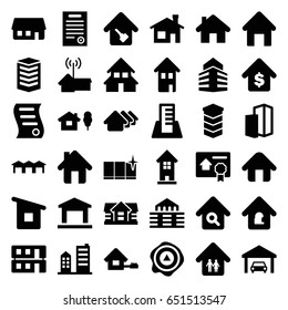 Real icons set. set of 36 real filled icons such as house building, house, building, clean window, arrow up, home, home search
