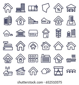 Real icons set. set of 36 real outline icons such as house building, house, clean window, business center, man in home, home, land territory, building, garage, mortgage