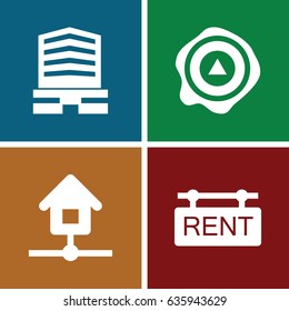 Real icons set. set of 4 real filled icons such as business center, arrow up, rent tag