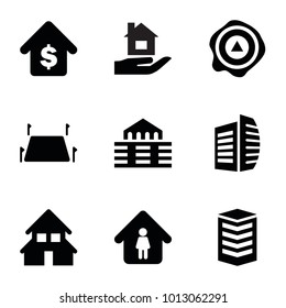 Real icons. set of 9 editable filled real icons such as business center, man in home, arrow up, building, house building, buying a house, land territory