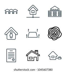 Real icons. set of 9 editable outline real icons such as man in home, land territory, building, garage, home, bill of house, house building