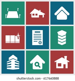 Real icons set. set of 9 real filled icons such as house building, clean window, home search, land territory, building