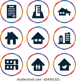 Real icons set. set of 9 real filled icons such as home, house building, family home, building, bill of house