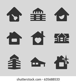 Real icons set. set of 9 real filled icons such as house, clean house, home with heart, home key, building, eco house