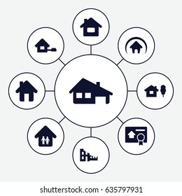 Real icons set. set of 9 real filled icons such as home, house building, family home