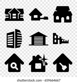 Real icons set. set of 9 real filled icons such as house, clean house, business center, home search, home key, garage