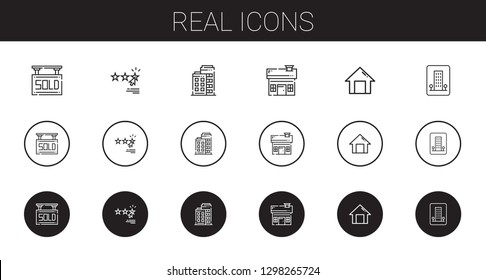 real icons set. Collection of real with sold, rating, building, house, home, hotel. Editable and scalable real icons.