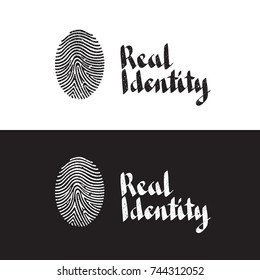 Real Identity Calligraphic Hand Drawn Logo Lettering with Fingerprint Sign in Tribal Style - Black and White Elements on Opposite Backgrounds - Vector Contrast Graphic Design