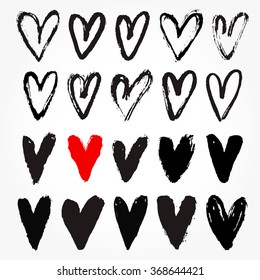 Real ink hand drawn Hearts. Romantic decoration set. Cute Ink collection with Hearts. Grunge ink painted Hearts collection.