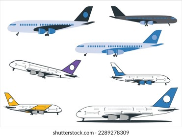 Real jet planes set. Vector airplanes set. Aviation illustration set in flat style. Flat airplane. Aircraft flight travel, aviation wings and landing airplanes, plane front flights in air. Flying plan