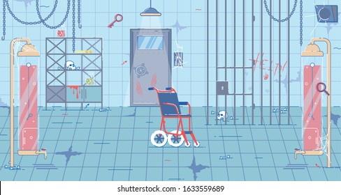 Real Life Escape Game Interior for Thrillseekers. Spooky Room. Group Challenge Location with Entertaining Tasks, Complicated Clues and Riddles, Decorated with Skulls, Mysterious Slime and Wheel Chair.