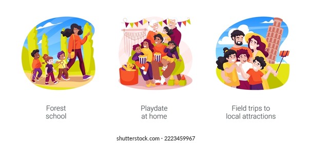 Real life socialization of homeschoolers isolated cartoon vector illustration set. Forest school, playdate at home, field trips to local attractions, explore nature, monument vector cartoon.