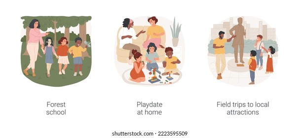 Socialización de la vida real de los escolares domésticos aislados dibujos animados vectores conjunto. Escuela de Bosques, playdate en casa, excursiones a atracciones locales, explorar la naturaleza, monumento vectorial caricatura.