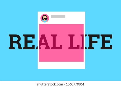 Real Life Vs Social Media - Rose-colored And Pink Color Of Post Is Distorting And Manipulating Reality - Fake, False And Inauthentic Idealization On Social Networking Site. Vector Illustration.