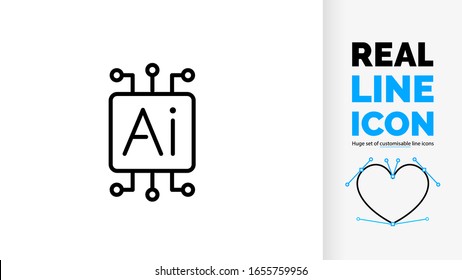 Real Line Icon Of AI Or Artificial Intelligence Used In Smart Technology As A Chip For Intelligent Computer Science And Self Driving Cars 