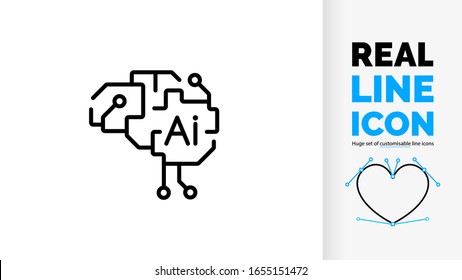 icono de línea real de inteligencia artificial en forma de cerebro y chip de ordenador como símbolo de peso de trazo negro con texto ai en el centro de la mente digital sobre fondo blanco