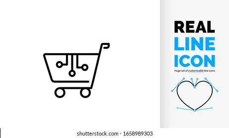 Icono de línea real del consumismo por un carrito de la compra utilizado por las tiendas de productos y comestibles y mercado en un chip de computadora digital diseño de placa base con líneas negras sobre fondo blanco 