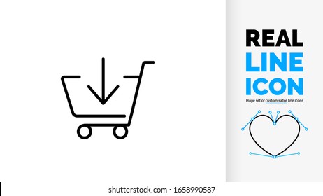 Real line icon of consumerism by a shopping cart used by product and grocery shops and market place add to card with download arrow down for buying online products in button 