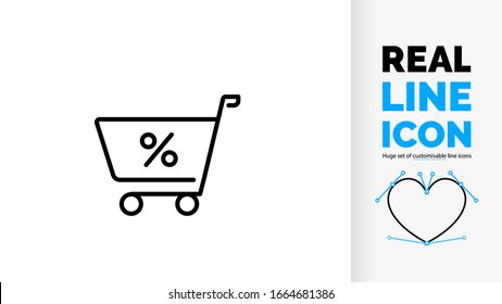 Real line icon of consumerism by a shopping cart used by product and grocery shops and market place add to card with percentage symbol for sale when buying online products in button 