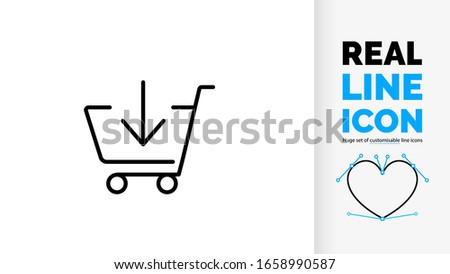 Real line icon of consumerism by a shopping cart used by product and grocery shops and market place add to card with download arrow down for buying online products in button 