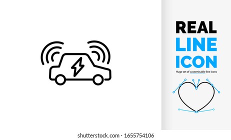 Real Line Icon Of Electric Car Self Driving Car With Digital Sensor System In A Black Rounded Outline Design Style