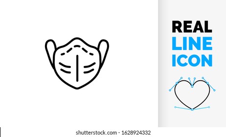 real line Icon of a virus or germ causing illness and sickness as an epidemic and health risk protected by a medical protective facial or face surgical mask as a black linear symbol white background