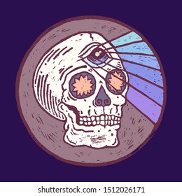 Real linocut hand made print. Skull with third eye in round frame. Vector psychedelic vintage style illustration for t-shirt, card, sticker and poster design
