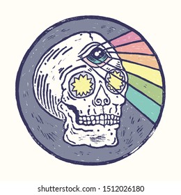 Real linocut hand made print. Skull with third eye in round frame. Vector psychedelic vintage style illustration for t-shirt, card, sticker and poster design